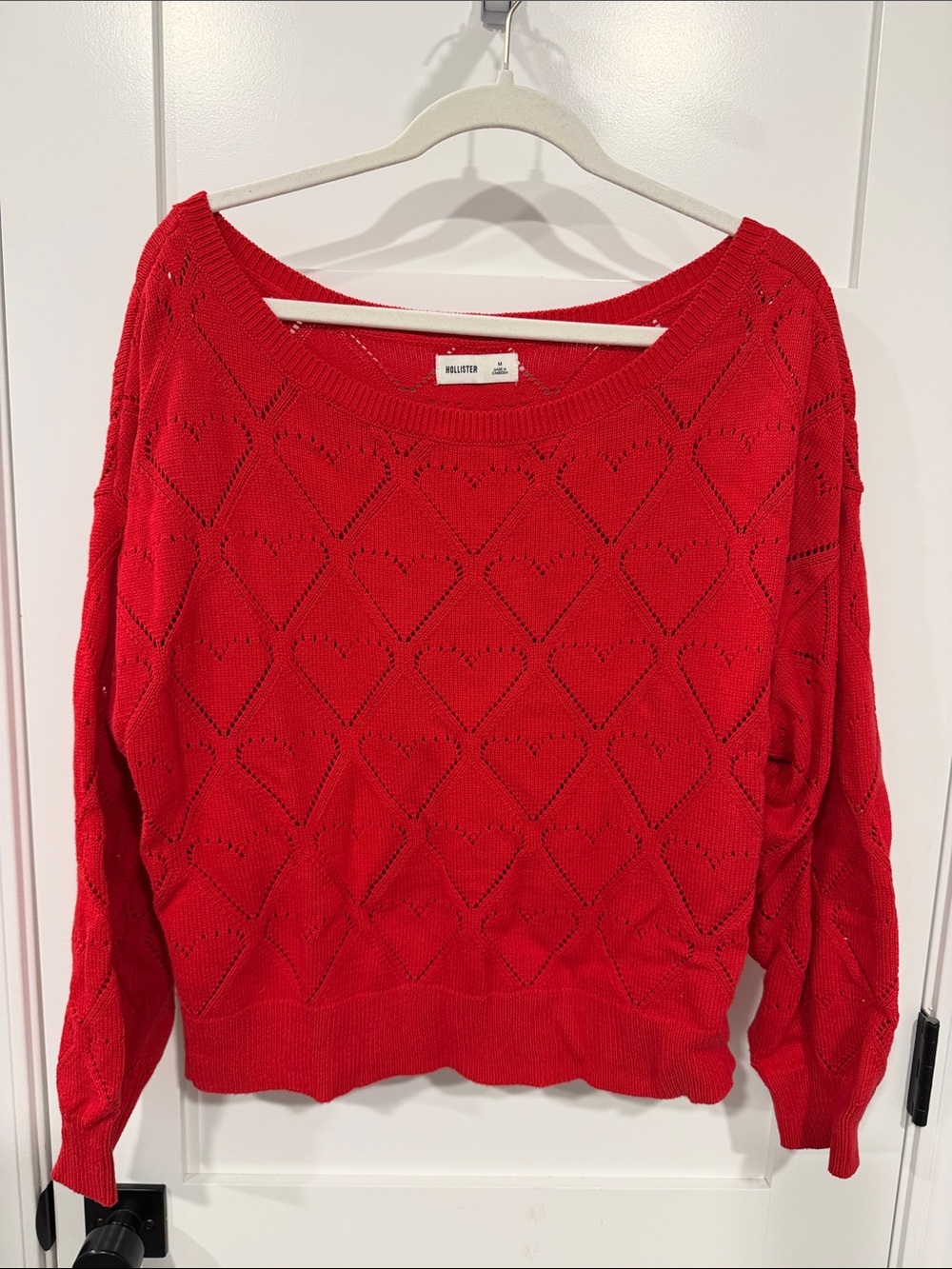 Hollister Bright Red Heart-Pattern Pointelle Crewneck Sweater